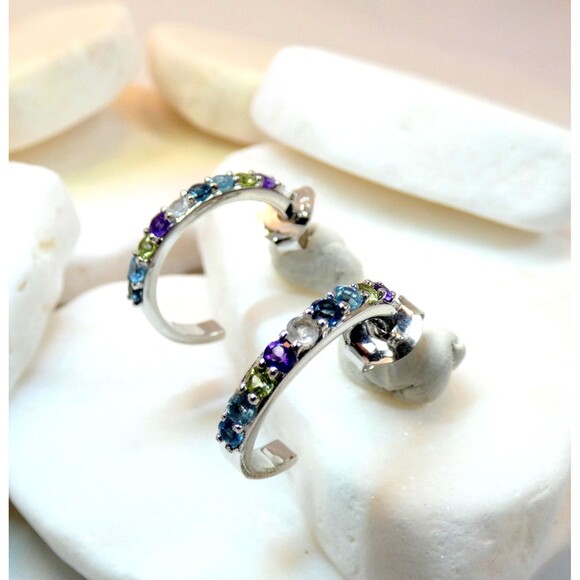 Genuine-Multi Color Gemstone Sterling Silver Hoop Earrings- Colorful Earrings - Picture 1 of 6